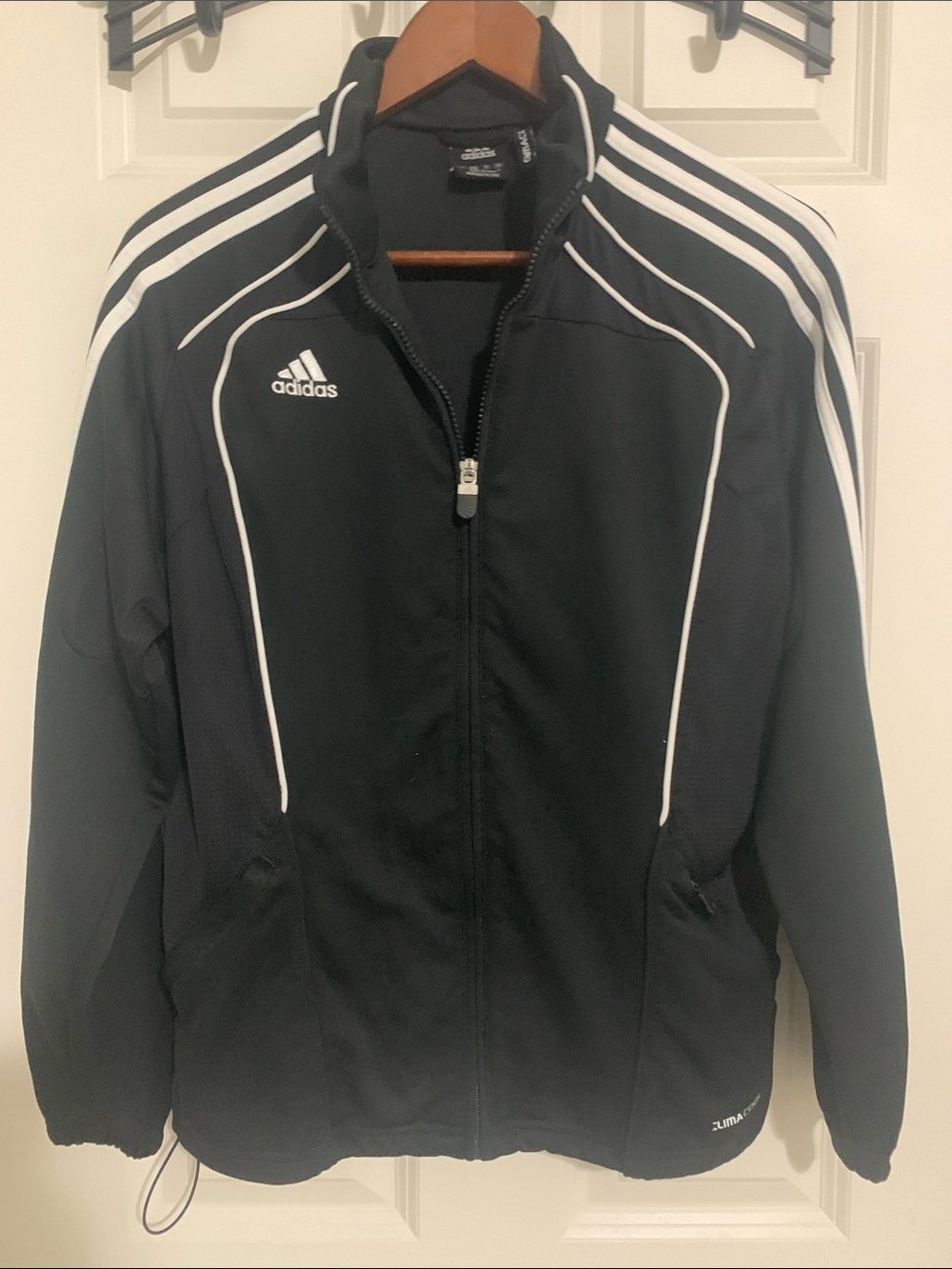adidas Black Windbreaker Jacket with White Trim and Three-Stripes